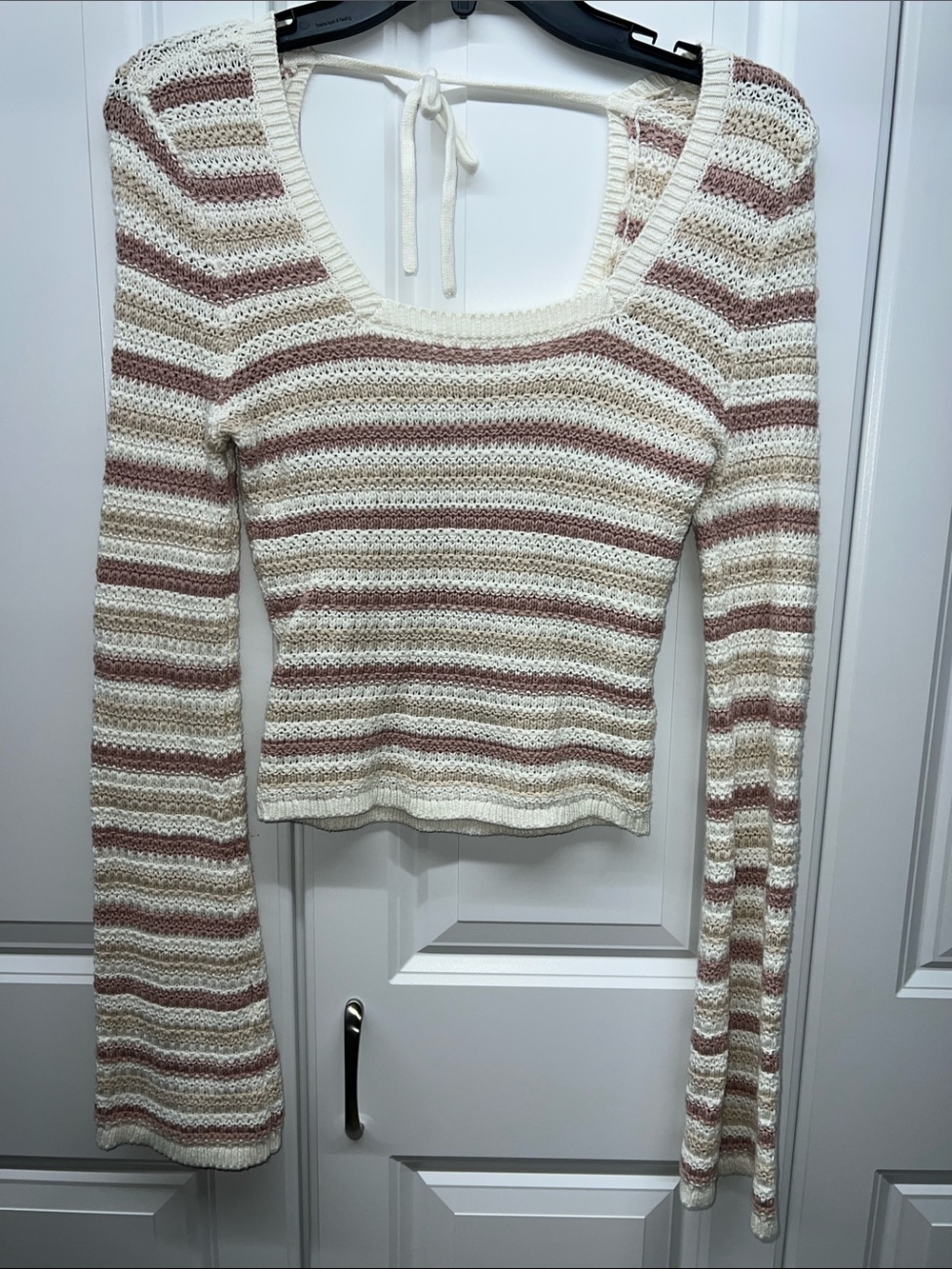 Hollister Open Crochet Knit Striped Long Sleeve Square Neck Top Small